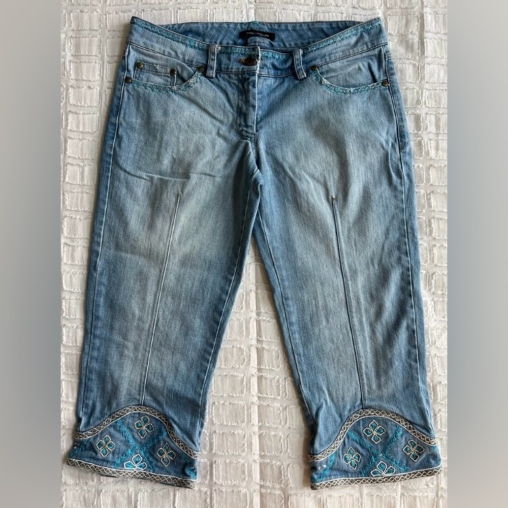 FLAVIO CASTELLANI Jeans Colorful Italian Embroidery Blue Turquoise Size 6 EU42